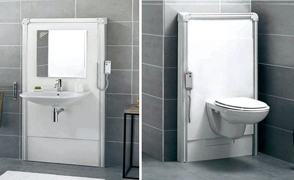 Rys. 10. Panele ścienne Sanimatic – do montażu umywalki (WT – z lewej) i miski ustępowej (WC – z prawej)